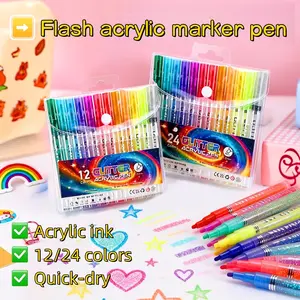 12/24 Color Valve Acrylic Markers, Glitter Art Supplies Waterproof Non-Fading DIY Shoe Painting Pens, Multi-Purpose for Paper Board Drawing Sketching Comic Design