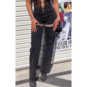 Gem Diamante Trim Wide Leg Black Denim Jeans