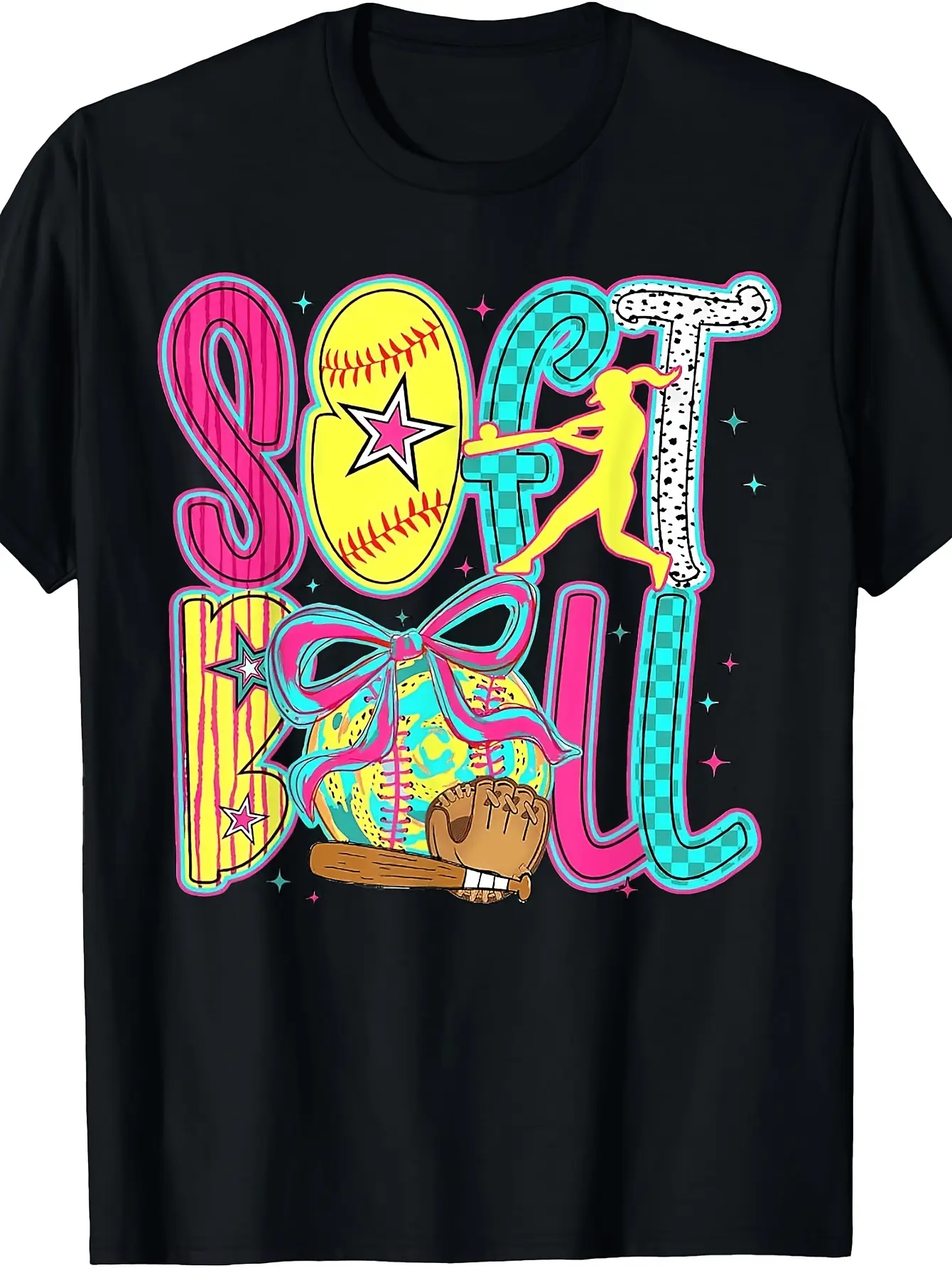 Women' & Girls' Retro Softball T-Shirt - Coquette Bow & Suitable for - Round Neck Tee, Machine Washable Game Day Outfit with Softball Bow, Casual Athletic Wear for Practice, Tournaments, and Everyday Use