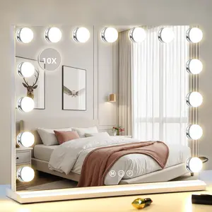 Vanity Mirror with Lights, Lighted Makeup Mirror with 15 Dimmable LED Bulbs, Hollywood Mirrors with USB Port, Detachable 10X Magnification, 3 Lighting Modes