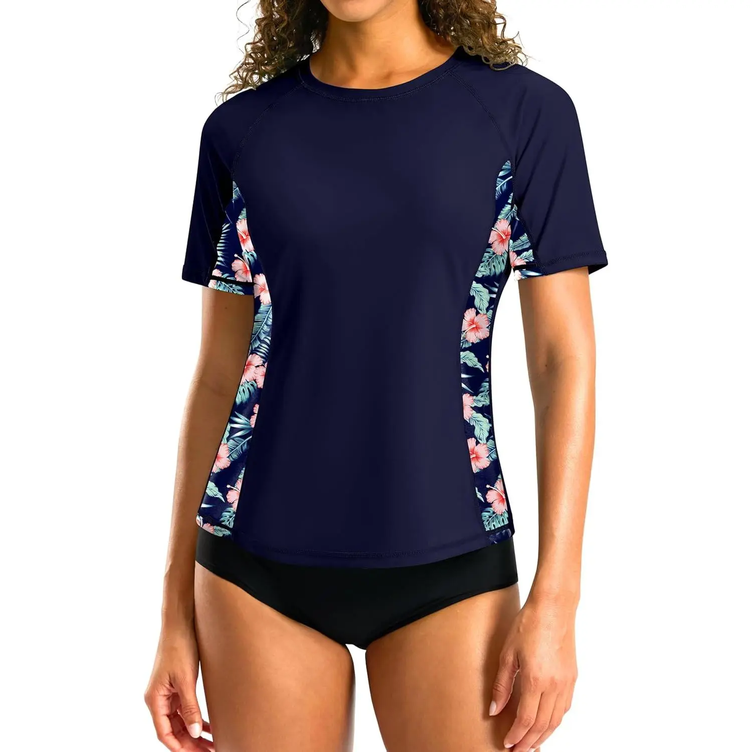 Women's Short Sleeve Round Neck UV-Protective Rash Guard - Female UPF 50+ Quick-Dry Swim Top for Swimsuit Pairing, Gift Option, Sports Clothing Sets, Bathing Suit Pair, Unisex, All Seasons