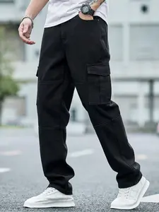 Men's solid color straight denim jeans with flap pockets, regular fit, casual and fashionable cargo jeans Jeans Pants suitable for all seasons, ideal for men's daily wear.