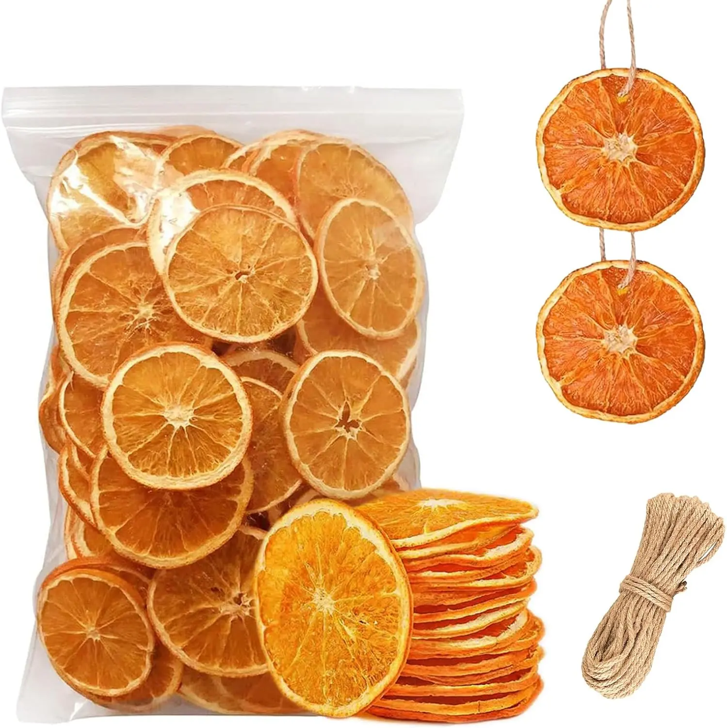 50 Pcs Dried Orange Slices, with 50Pcs Hemp Rope, Christmas Wreath Making Supplies for X-mas Tree Decoration, DIY Crafts, Present Wrapping