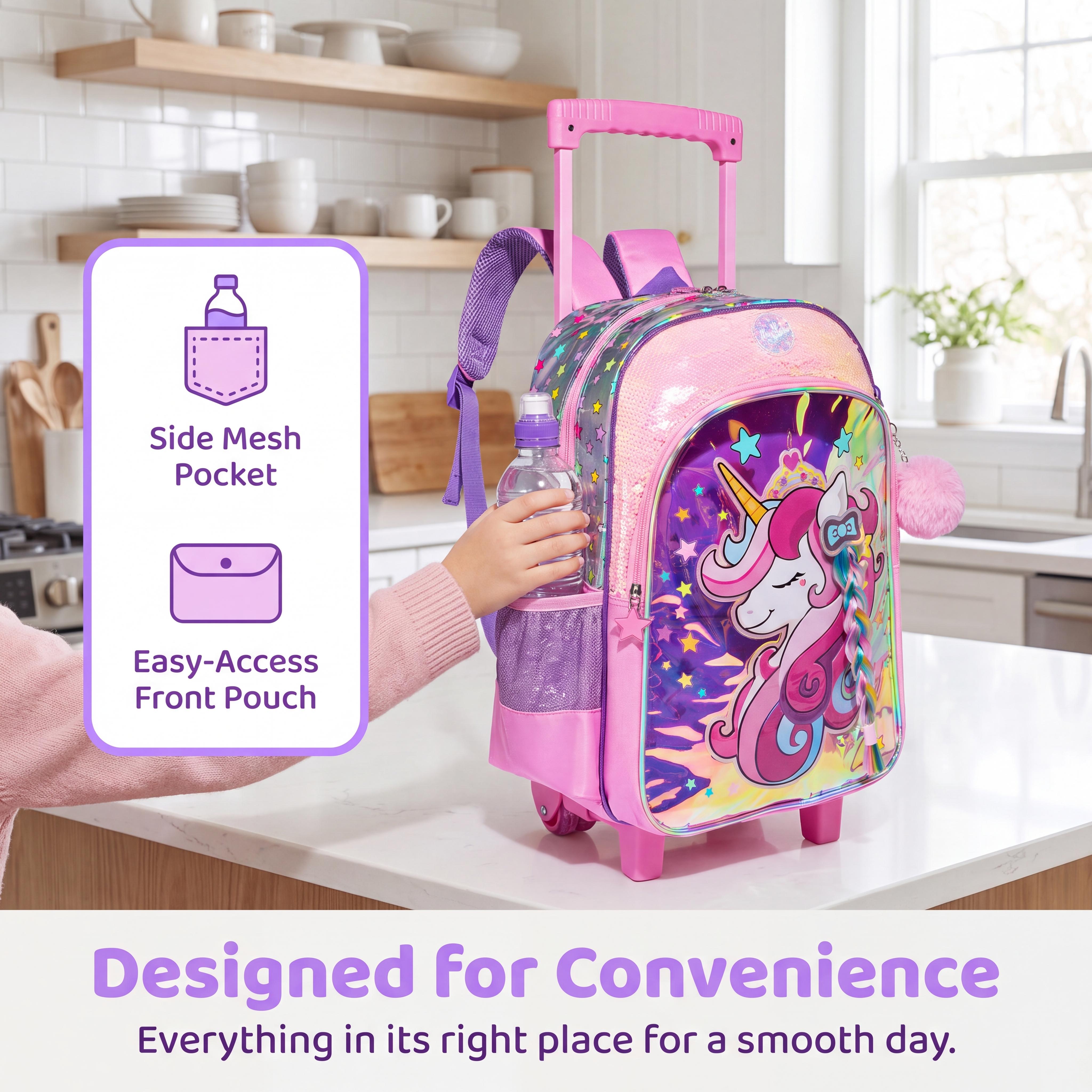 Cute Unicorn Rolling Backpack 3pcs Set for Girls | Aesthetic Laser Kids School Bag with Lunch Box & Pencil Case | Glitter Holographic Bookbag with Braided Hair & Wheels, Detachable Trolley Bag 2026