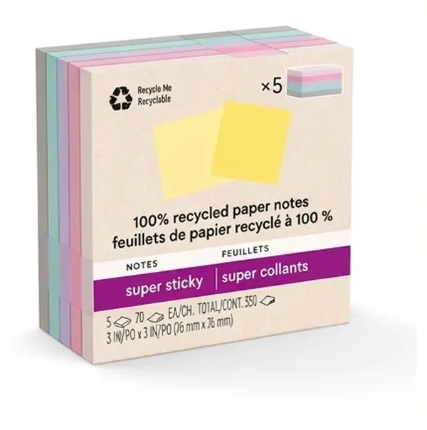 Recycled Super Sticky Notes, 3 x 3 Inch, 5 Pads, Pastel Self-Stick Memo Pads with Strong Adhesive for Office, School, Home & Study Supplies