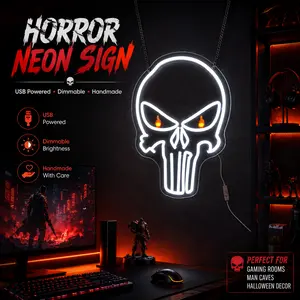 Skull Flame Neon Sign with Simulated Fire Eyes, LED Wall Decor for Garage, Man Cave, Biker Room, Bar, Game Room, Motorcycle Theme Party, USB Powered Acrylic Neon Light Gift for Men