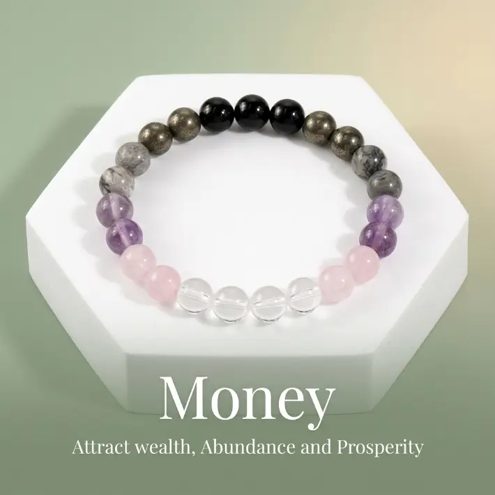 Women's Healing Crystal Stretch Beaded Bracelet - Floral Cuff Bracelet, Amethyst, Rose Quartz, Pyrite, Onyx, Money Attraction, Wealth, Energy Protection, Boho Costume Jewelry Gift for Her