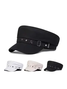 Unisex Star PU Leather Beret Hat, Adjustable Fitted Design, Casual Outdoor Sun Protection Cap for Spring & Fall Travel Vacation