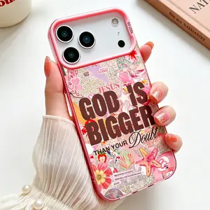 Rustic Metallic "God Is Bigger" Pink Christian Faith Collage Silicone iPhone Case, Protective Shockproof Casing with Buttons, Christian Handheld Gift for iPhone 11-17 Pro Max Phone Accessories & Devices CYXL260518002