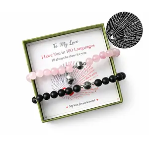 100 Languages “I Love You” Magnetic Heart Matching Bracelets, Valentine’s Day Romantic Couple Wristbands Gift for Him and Her, Boyfriend Girlfriend Anniversary Jewelry