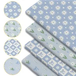 4pcs Set Pastel Daisy Print Fabric - 18x22 Inches (55x45cm) Pre-cut Polyester Fabric with Chamomile Blossoms, Leaf Details, Polka Dot Patterns, Heart Motifs, and Romantic Bow Ties Patterns - Suitable for DIY Sewing, Scrapbooking