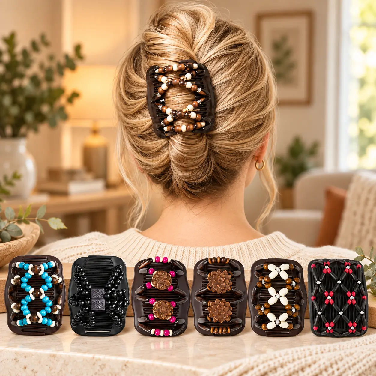 Women's 6PCS Beaded Combs - Double-Sided Magic Clip, No-Tie Updo Tool, Elegant Hair Accessories Barrettes