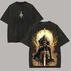 Japanese Anime Style Dark Knight T-Shirt, Vintage Washed Distressed Oversized Graphic Tee, Golden Tree & Sacred Sword Warrior Print, Unisex Fantasy Casual Top For Street Style & Gaming Lovers