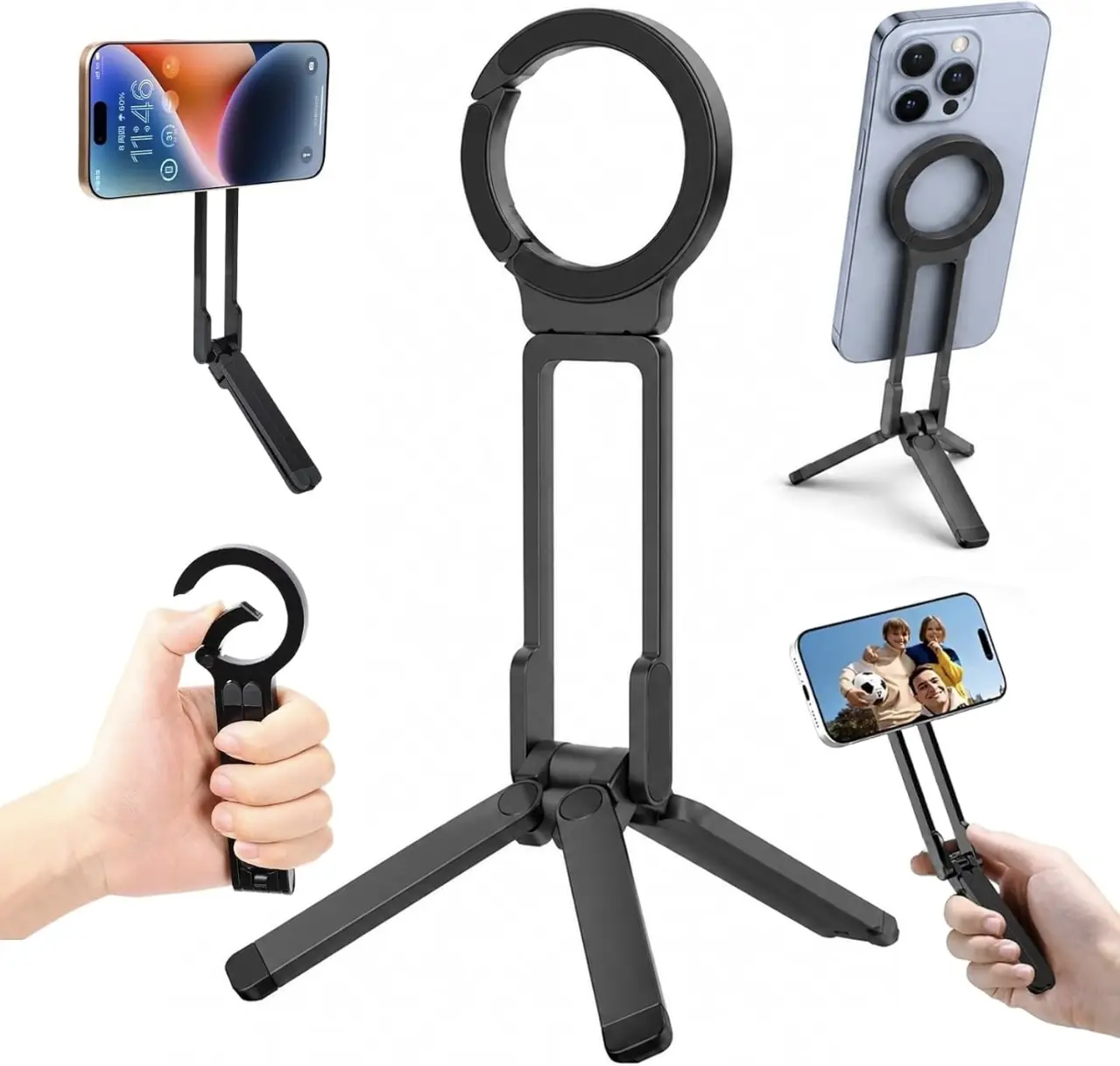 Magnetic Phone Tripod Stand,Adjustable Gym Selfie Mini Tripod Handle & Desktop Stand, Compatible with iPhone 17 16 15 14 13 12 11 & All Smartphones, Black