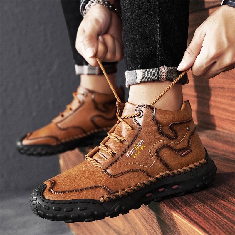 Men's Casual Sneakers, Retro Hand-Stitched High-Top Shoes, Leather Ankle Boots, Comfortable Walking Shoes with Round Toe, Flat Heel and Rubber Outsole for Outdoor Hiking, Urban Commuting, Work, Travel and Everyday Wear
