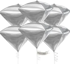 PartyWoo Silver Balloons, 6 pcs Diamond Foil 22 inch Giant 4D and Ribbon, for Birthday Decorations, Wedding Party (Balloon)