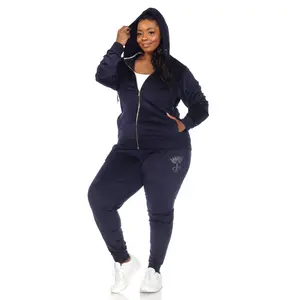 White Mark Women's Plus Size 2 Piece Hooded Rhinestone Velour Jacket Jogger Tracksuit Set Extended Sizes