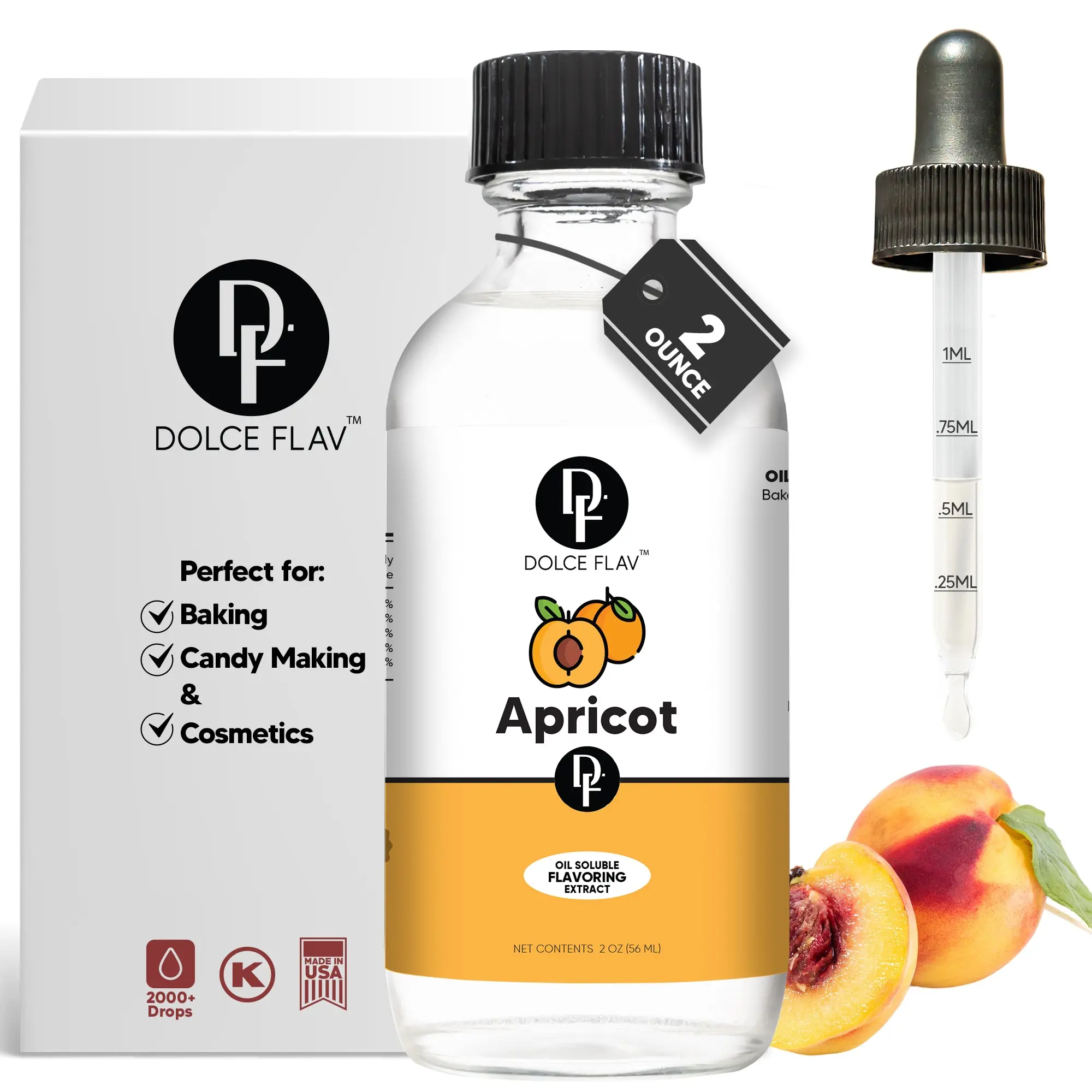 Dolce Flav Oil-Soluble Apricot Flavoring 2 oz - Sweet Fruity with Floral Notes - Ideal for Baking Candy & Cosmetics - Dye-Free Alcohol-Free - 2000+ Drops