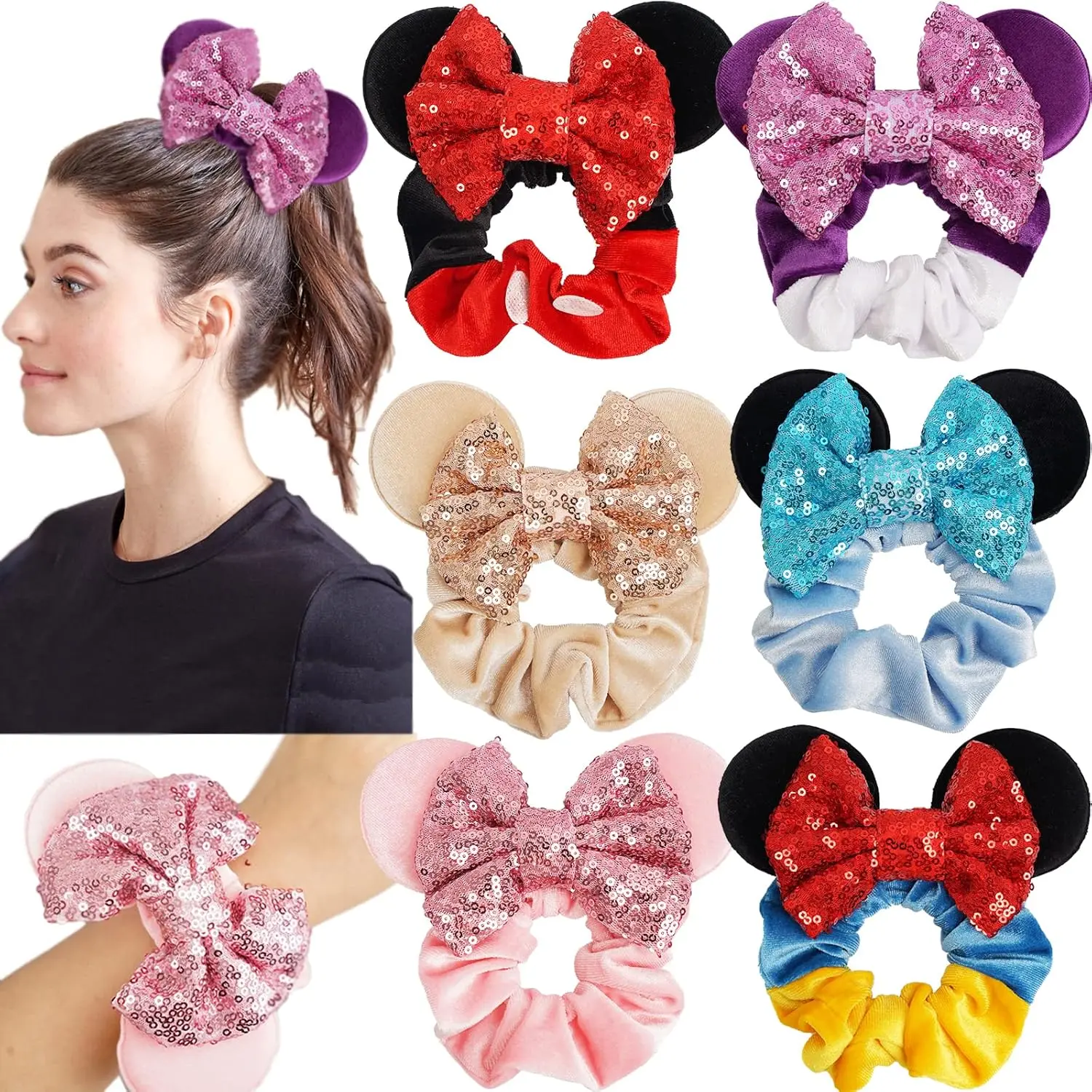 Kids' Premium Velvet Sparkle Sequin Mouse Ears Scrunchies with Bows - 6-Pack Elastic Hair Ties P-HDW032, High Elasticity, Flexible Fit for 10-11 Years, Dance, Party, School, Work, Plain Elegant Purple Ponytail Holders
