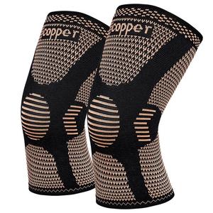 quad-stretch knitted copper-infused knee support: wholesale value, silicon knee support crafted for runners, superior breathability, ensures uniform knee compression, durable integrated weave, dual silicon strips on inner side for non-slip grip.