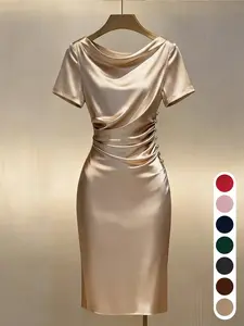 (Size runs small)(fabric has low elasticity)Champagne Satin Dress, Elegant Long Dress with Buttons, Summer Evening Party Dress, Slimming Knee-Length Dress