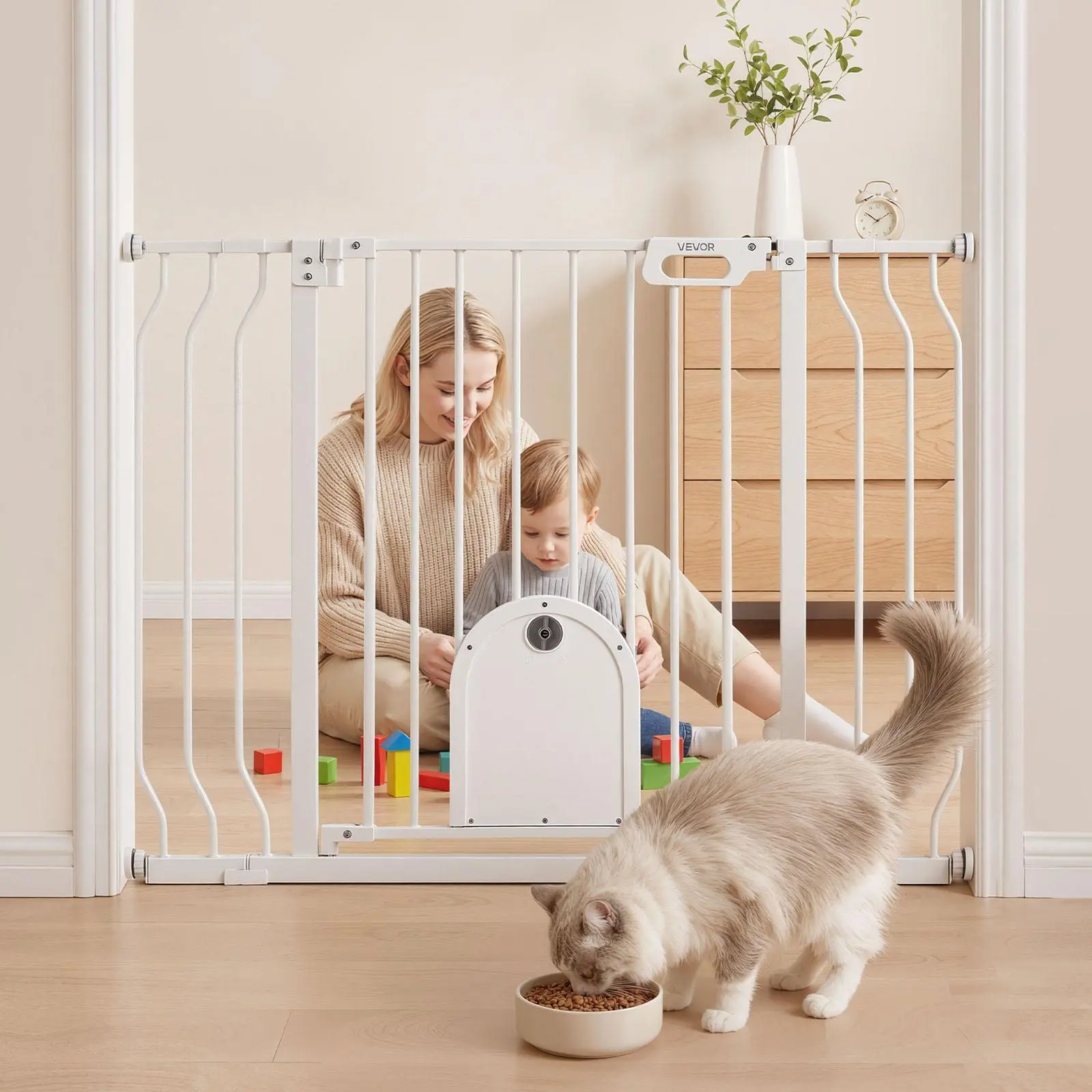 【SummerFinds】VEVOR Carbon Steel Baby Gate for Stairs, 29.5-43 in Adjustable Width, Adjustable Cat Door with Double Lock, Pressure & Hardware Mount Kits, Rounded Edges, for 3-4 Years Kids, White