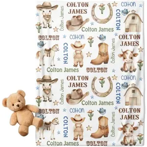 Personalized Cowboy Baby Boy Blanket, Custom Name Crib Blanket, Swaddle Set, Minky Flannel Sherpa, Western Nursery Decor