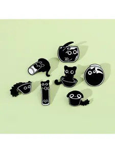 7pcs/set Cute Personality Black Cat Series Brooch With Quirky & Mischievous Liquid Cat In Drinking Glass Creative Metal Badge