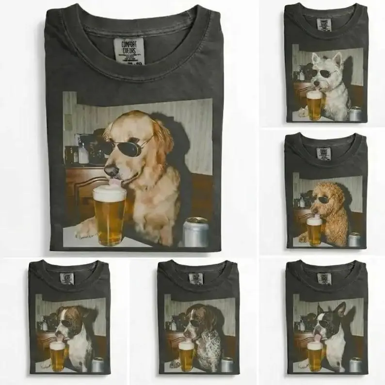 Comfort Colors Dog Drinking Beer Graphic Tee – 90s Meme Style Unisex Shirt