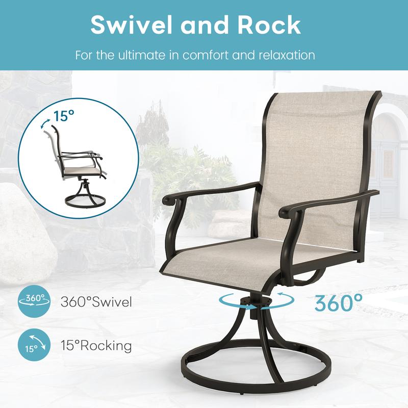 Outdoor Swivel Patio Dining Chairs Set of 2 360° Rocking Beige Textilene Mesh & Rust-Proof Steel 400 lb Capacity for Lawn Porch Garden