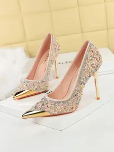 Elegant Rhinestone High Heels, Glittering Stiletto Pumps, Metal Pointed Toe Slip-On Crystal Shoes, European Style Thin Heel Women's Footwear