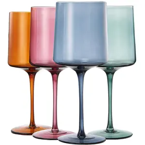 Khen - Colored Muted Colored Glasses - Water & Wine | Set of 4 | Pastel Muted Crystal Glassware, Goblet Cocktails, Red & White, Dinner Color - Stemmed Square Wine Glass Set 13.5oz