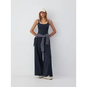 Cider Cotton-blend Mid Rise Scoop Neck Twist Knotted Ruched Wide Leg Jumpsuit