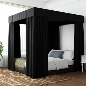 NKM Full Size Black Bed Curtains,Completely Opaque Blackout Curtains Suitable for Bed Frames,Adults & Girls Room Decoration