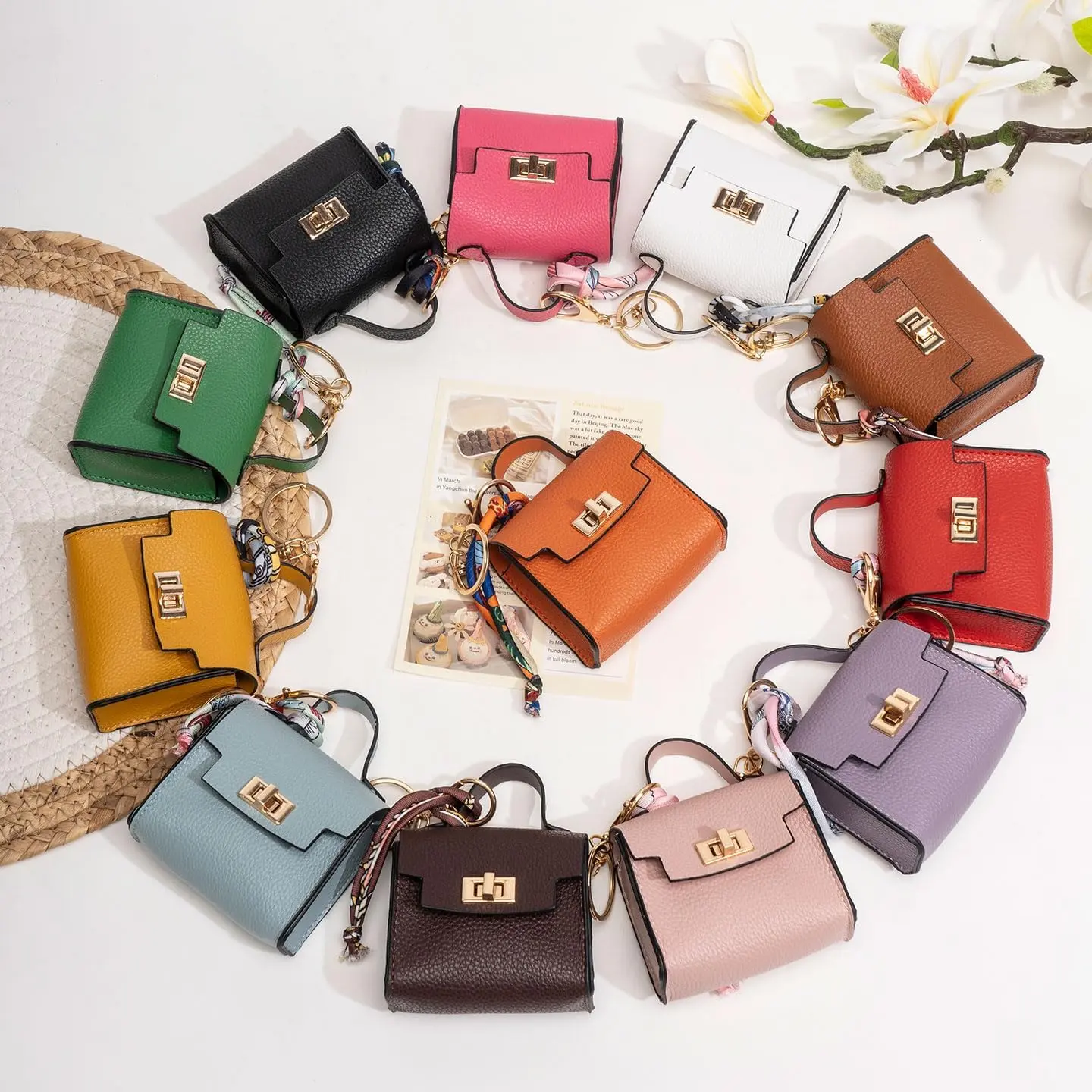 Women's Camouflage Mini Square Leather Bag Charm, Keychain Pendant for Handbags, Car Key Ring Accessory, Handbag Charm