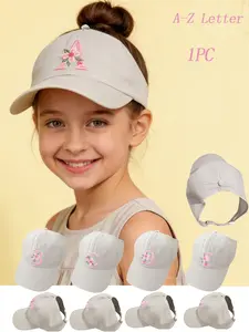 1PC Girls Floral Letter Pattern Ponytail Baseball Cap, Breathable Quick-Dry Sun Protection Hat, Open Design, Ages 8-16, Youth Style