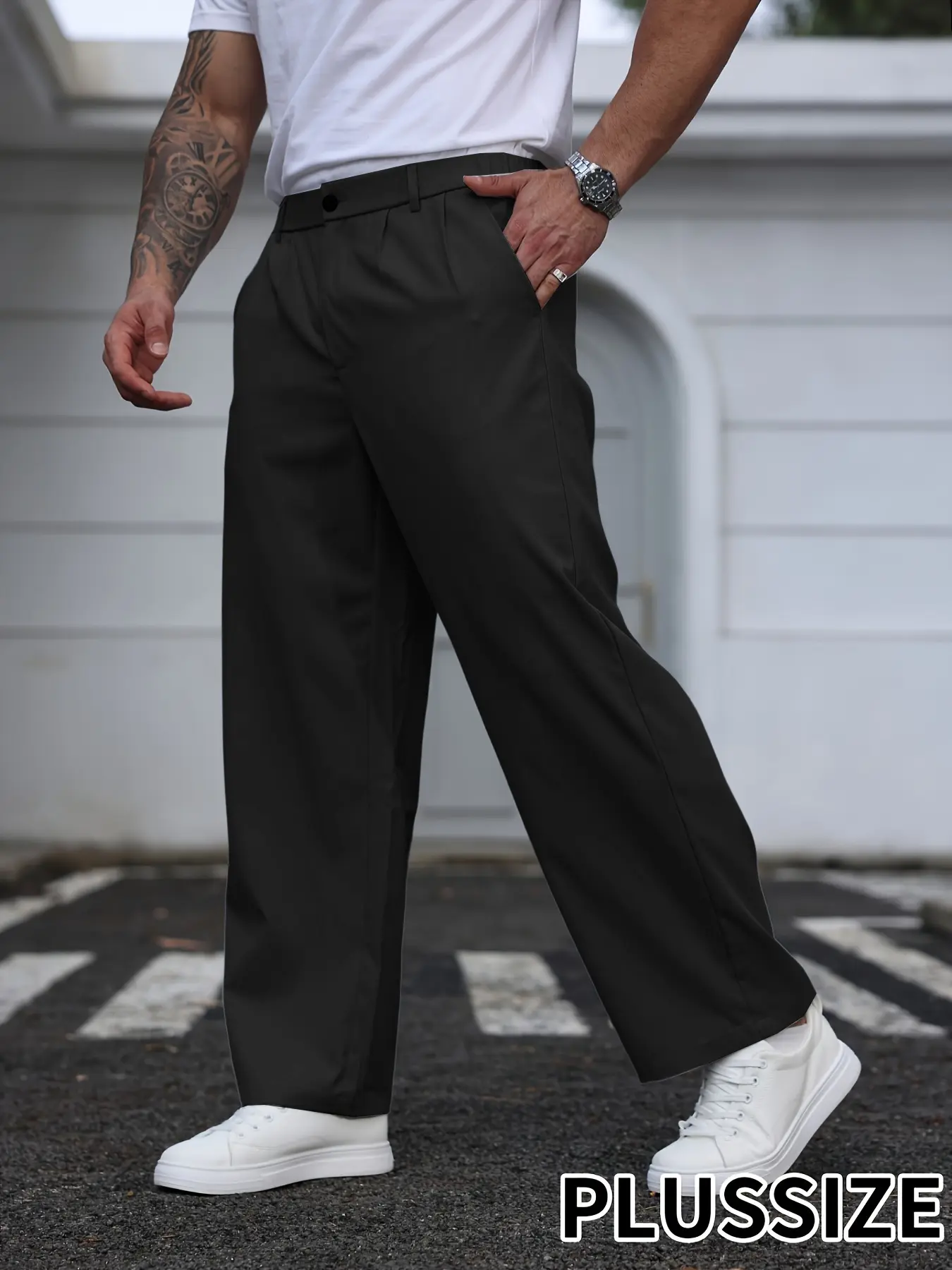 Men's Plus Size Long Pants Trousers Casual Plain Solid Color Elastic Waist Suit Pants, Comfortable and Stylish, Perfect for Daily Wear