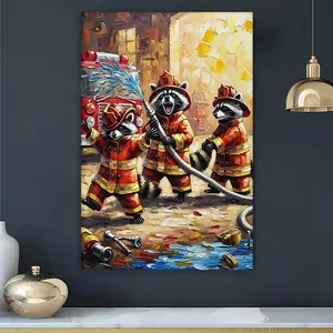 1pc Wooden Framed, Cute Raccoon Firefighter Print, Nursery Art Decor, Kids Room Wall Art Canvas, Animal Poster, Baby Shower Gift, Whimsical Painting, For Bedroom, Living Room, Home Decor