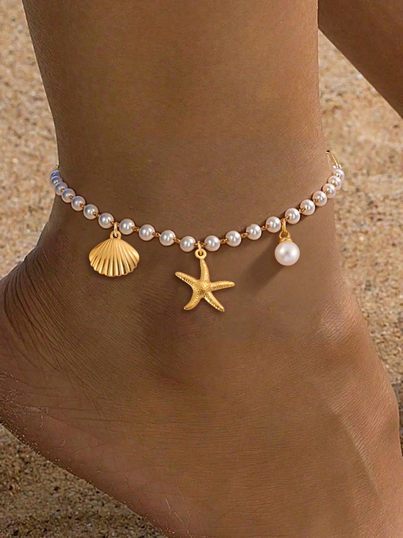 1Pcs Star Fish Shell Women's Anklet New Classic Artificial Pearl Bead Chain Anklet For Women Summer Beach Jewelry Fashionable Jewelry