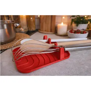 Red Modern Spoon Rest with Drip Tray, Kitchen Utensil Holder, Counter Organizer