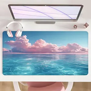 [Mouse Desk Pad] Non-Slip Mouse Pad Large Gaming Mouse Pad With Rubber Base & Stitched Edge Dreamy Pink-Blue Clouds & Ocean Design Desk Top Protector Mat For Home Office Or Seasonal Gift Office Desk Accessories