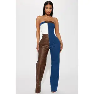 No Blocked Hearts Faux Leather Jumpsuit - Royal/combo