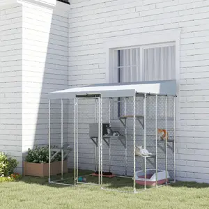 79" Galvanized Steel Large Catio with Waterproof Canopy Sleeping Box Jumping Platforms for 1-3 Kittens Silver Weather-Resistant Design Connect to Window Multipurpose Pet Palace