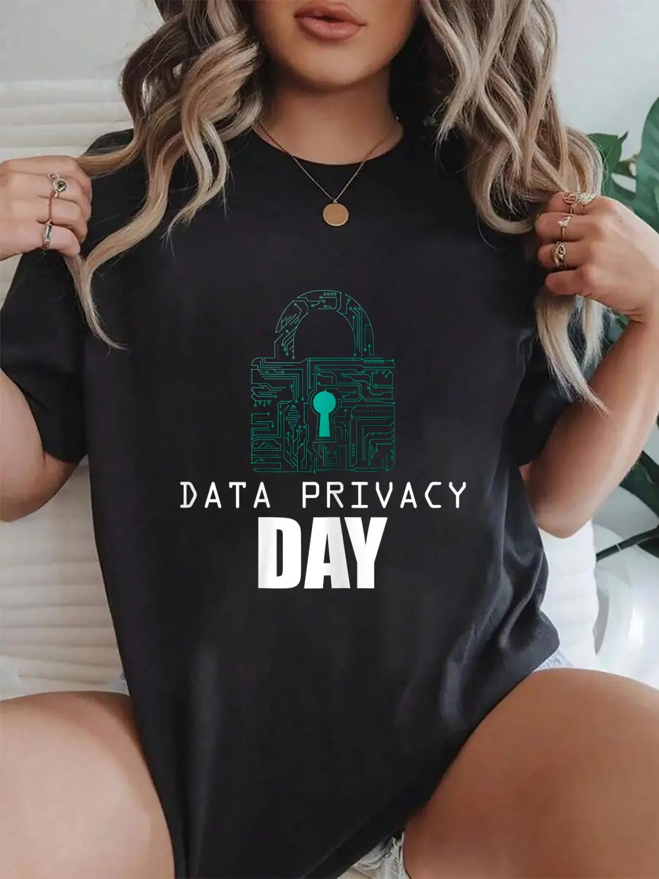 100% cotton Data Security Encryption Hacker Padlock Data Privacy Day Crew Neck short Sleeve T-Shirt, Casual Print Graphic Cotton Tees Women Tops