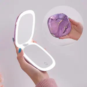 Compact LED Travel Makeup Mirror – 4" 1X/10X Magnification Double-Sided Lighted Mirror, Dimmable & USB Rechargeable, Pocket-Sized for Purse & Travel (Purple Marble)