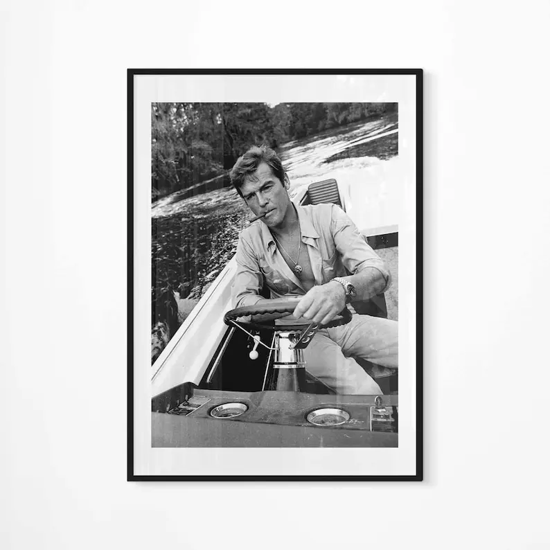 Roger Moore James Bond Driving Boat & Cigar | Bar Print | Musculin Wall Art