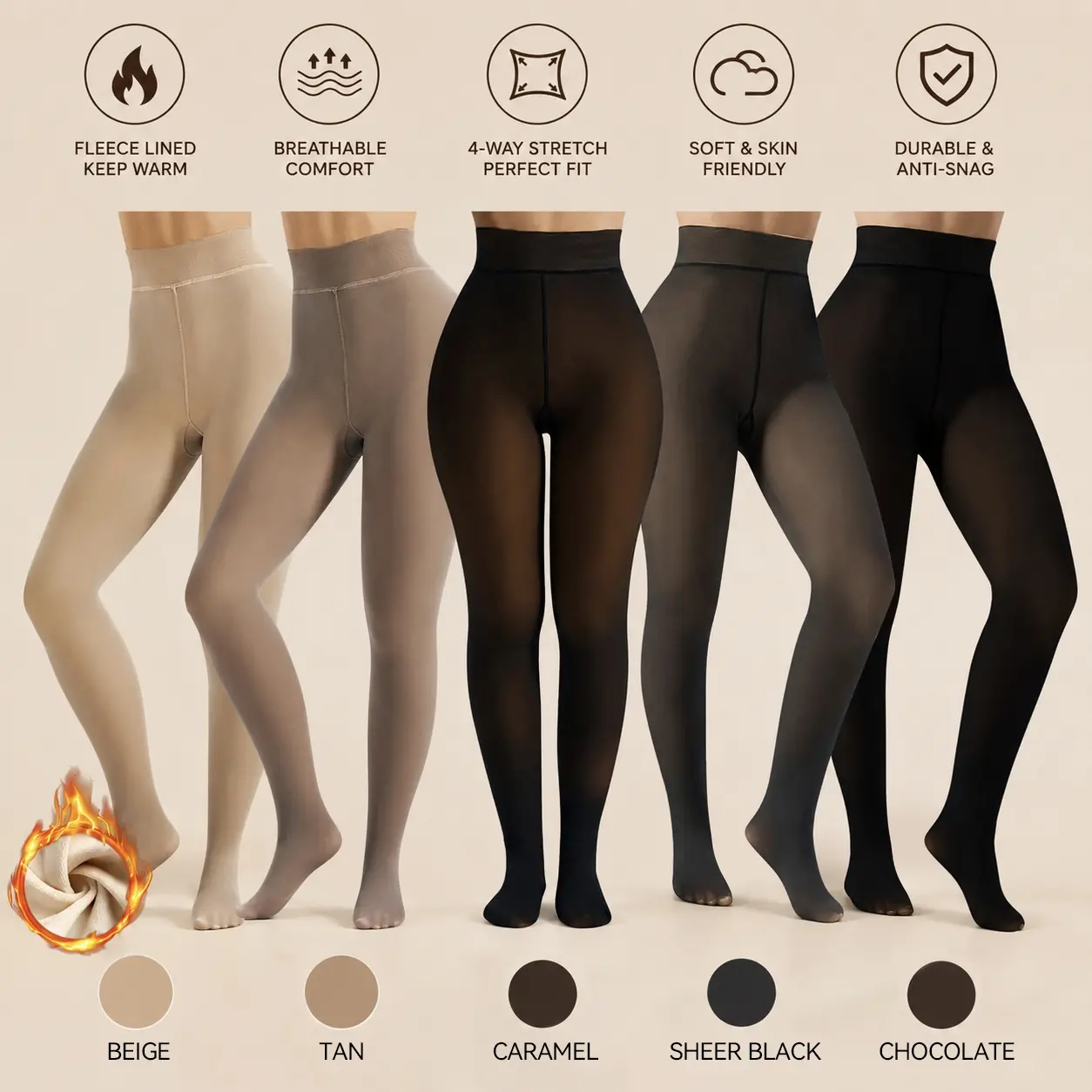 Women's Sheer Fleece-Lined Tights – Thick Warm Winter Thermal Leggings, Translucent Pantyhose for Cold Weather