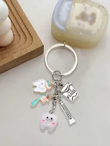 Cute Dental Theme Keychain, Drip Oil Metal Pendant, Smiling Teeth Floss Toothpaste Brush Charm, Dentist Commuter Bag Decoration, Keychain For Bags