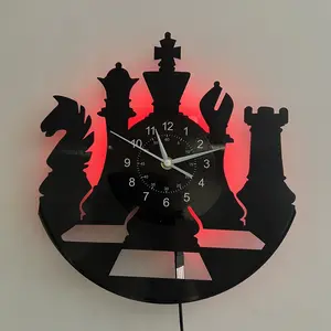 Vinyl Record Wall Clock LED Display, Unique Chess Design Home Decor for Living Room Bedroom Kitchen Office Bar