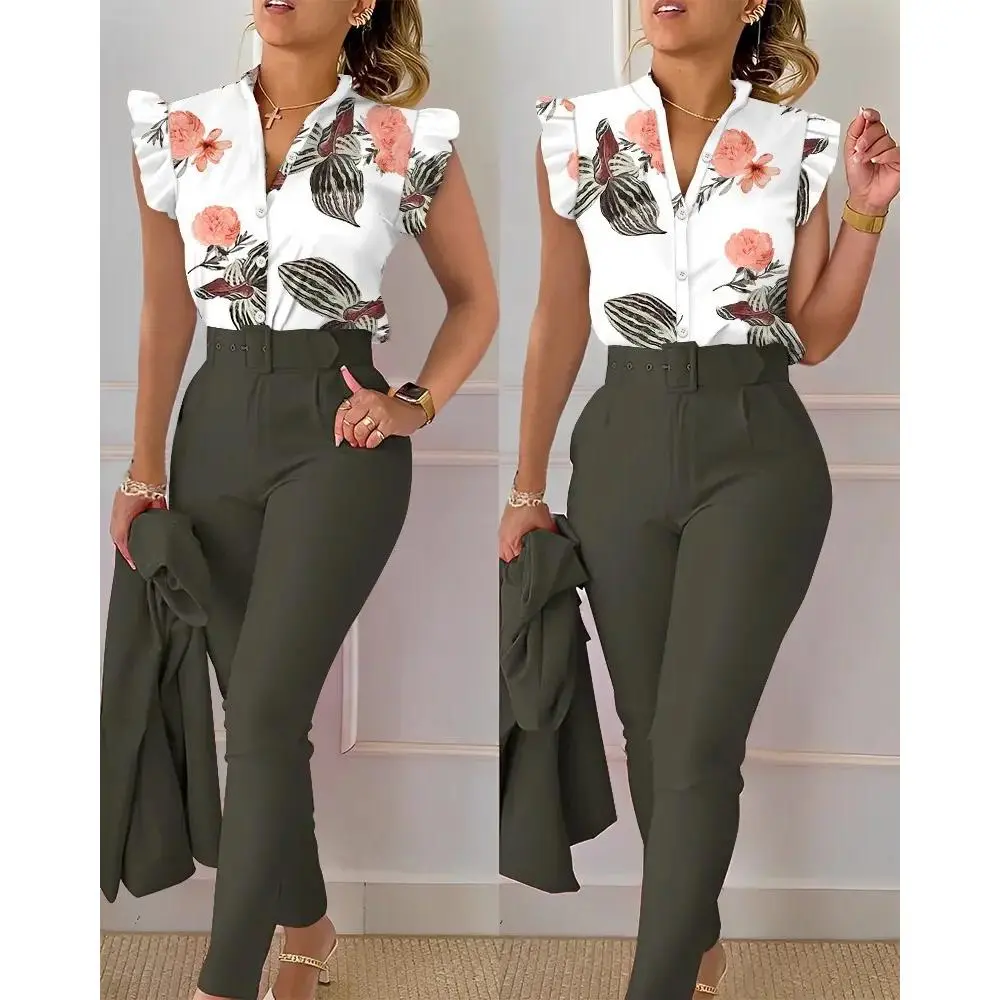 YYW1‌       Y2K Retro Ruffle Sleeve Top & Waisted Pants Set - Printed Coordinated Outfit with Belt,/French Style Casual Chic Womenswear Women's Clothes